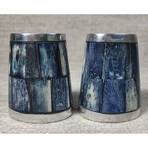 Blue Stone Inlay & Pewter Salt & Pepper Shakers 2 1/2" Height Vintage